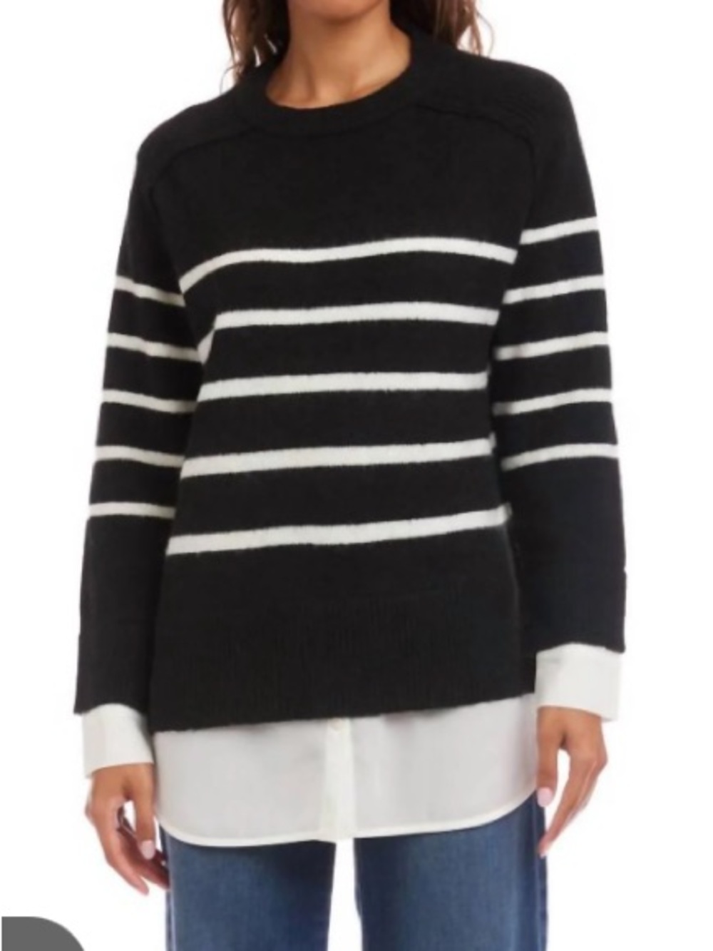 Karen Kane SMALL Layered Sweater Black White Stripe Preppy Career Academia